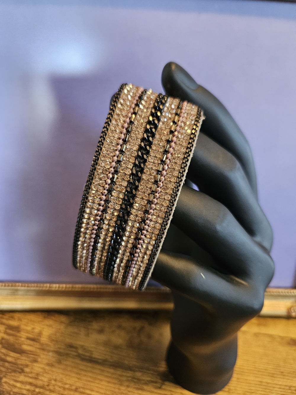 Copper Chain And Champagne Crystal Multi-Row Leather Wrap Bracelet